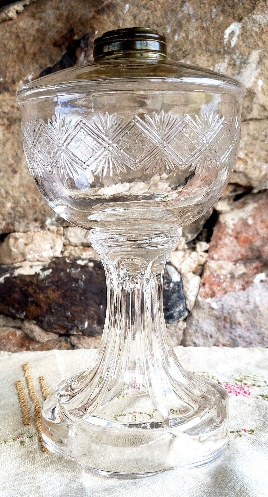 Diamond & Sunburst Oil Lamp EAPG Bryce, Walker & Co. c.1874 Clear Glass 8"H
