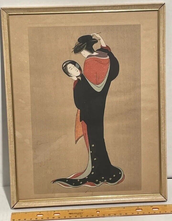Rare Antique Woodblock Ukiyo-e Japanese Beauty Woman in Kimono Holding Mirror