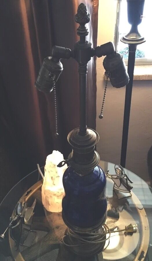 Antique Colonial Coral Blue O/Bronze  Electrified Whale Oil Prestige 1800's Lamp