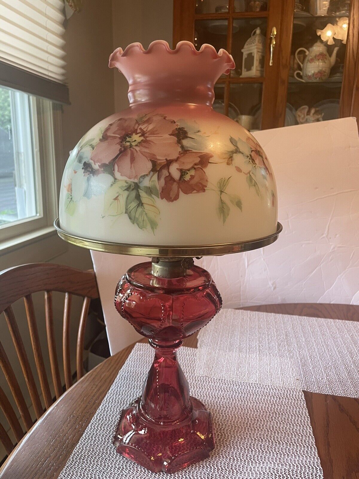 Vintage Gone With The Wind Style Hurricane Lamp Floral Table Lamp/Red Glass!