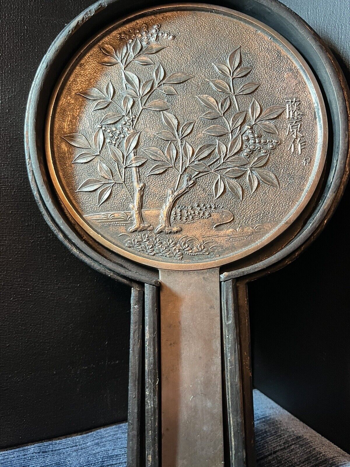 Antique 1800’s Signed Japanese Bronze Hand Mirror In Original Case
