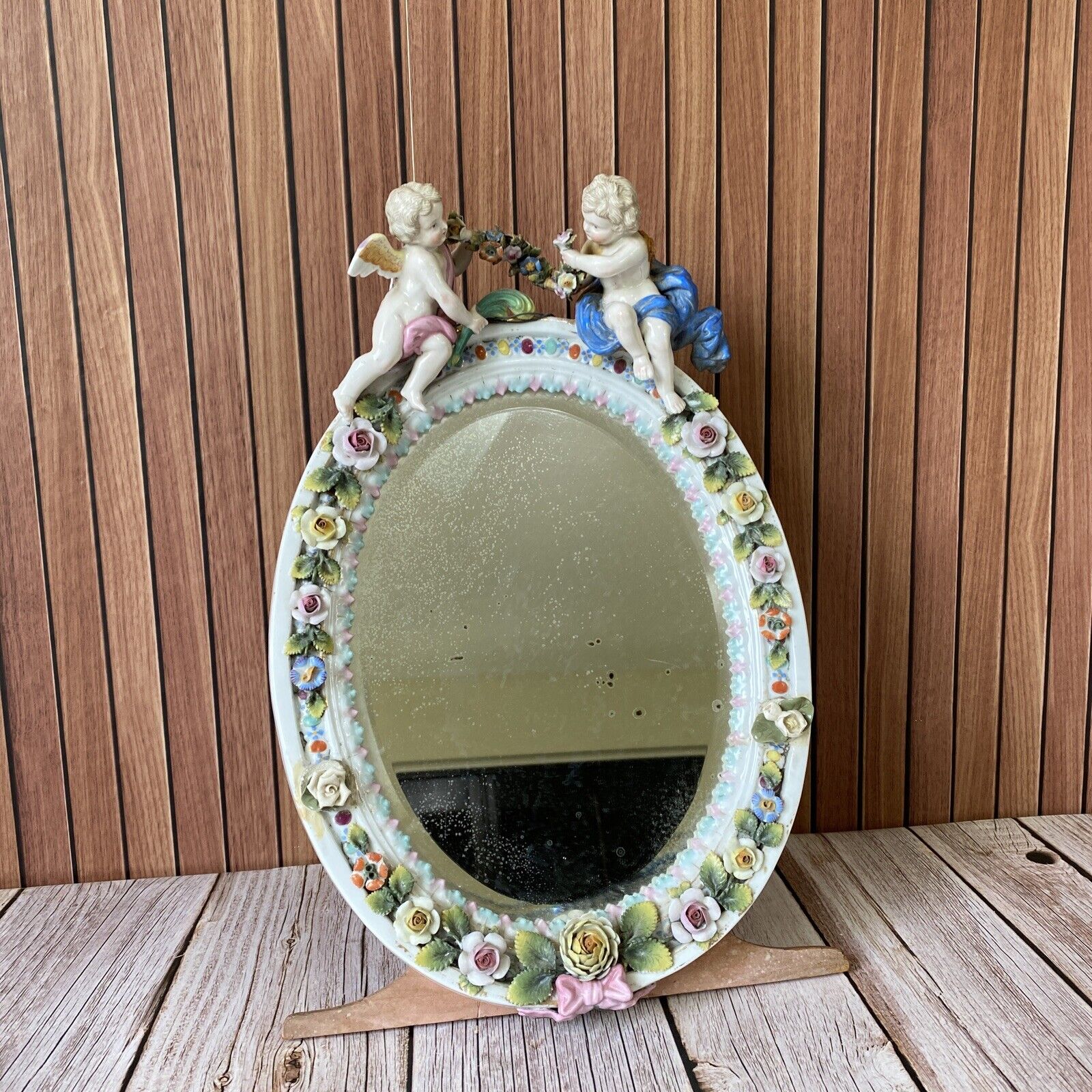 Antique 1700s Hand Painted Meissen Porcelain Cherub Figural Flowers Mirror