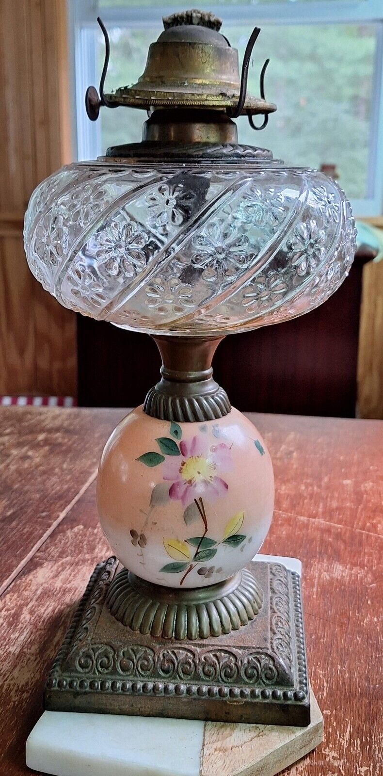 Antique Oil Lamp with hand painted Base, Patterned Glass Oil Font