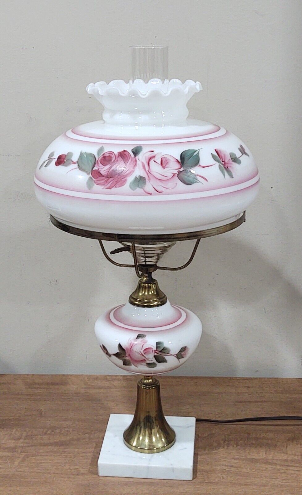 Victorian Parlor Lamp Hand Painted Pink Roses ~23"  Marble Brass GWTW Hurricane