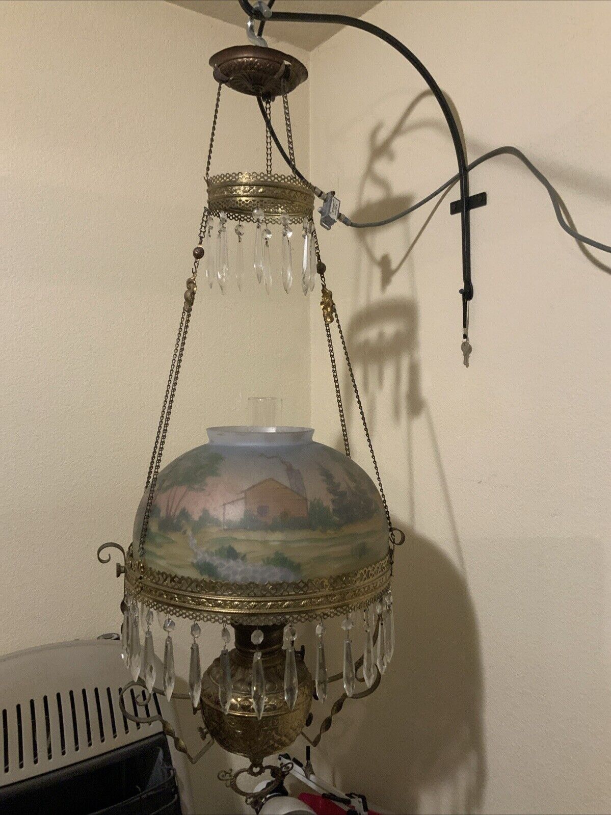 Antique Victorian Hanging Oil Parlor Library Lamp Reverse Hand Painted Shade