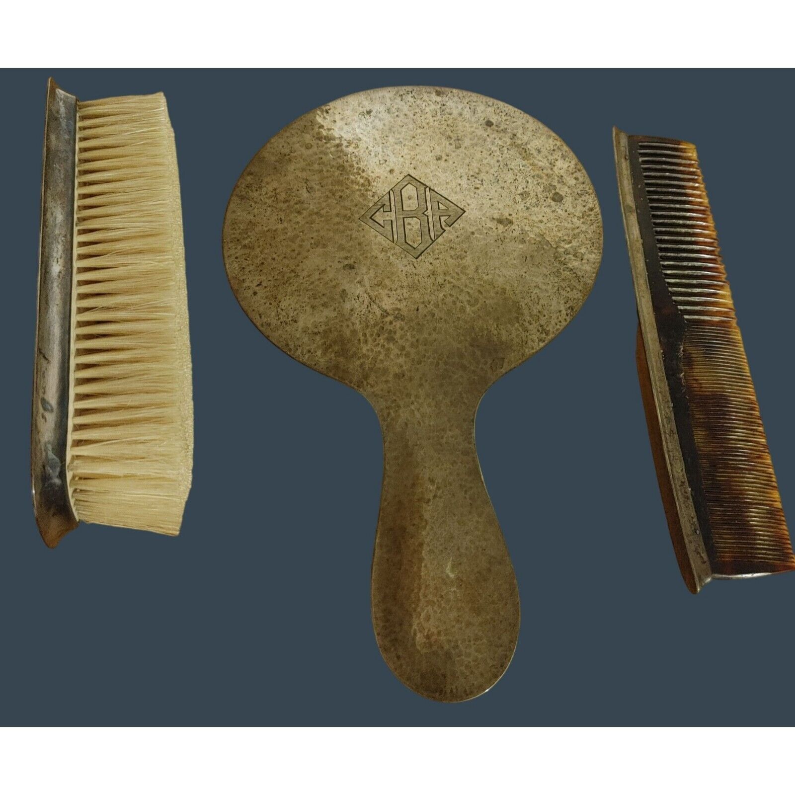 Lebolt Hammered 1900s Sterling Silver Vanity Set Mirror Comb Brush Grooming Stam