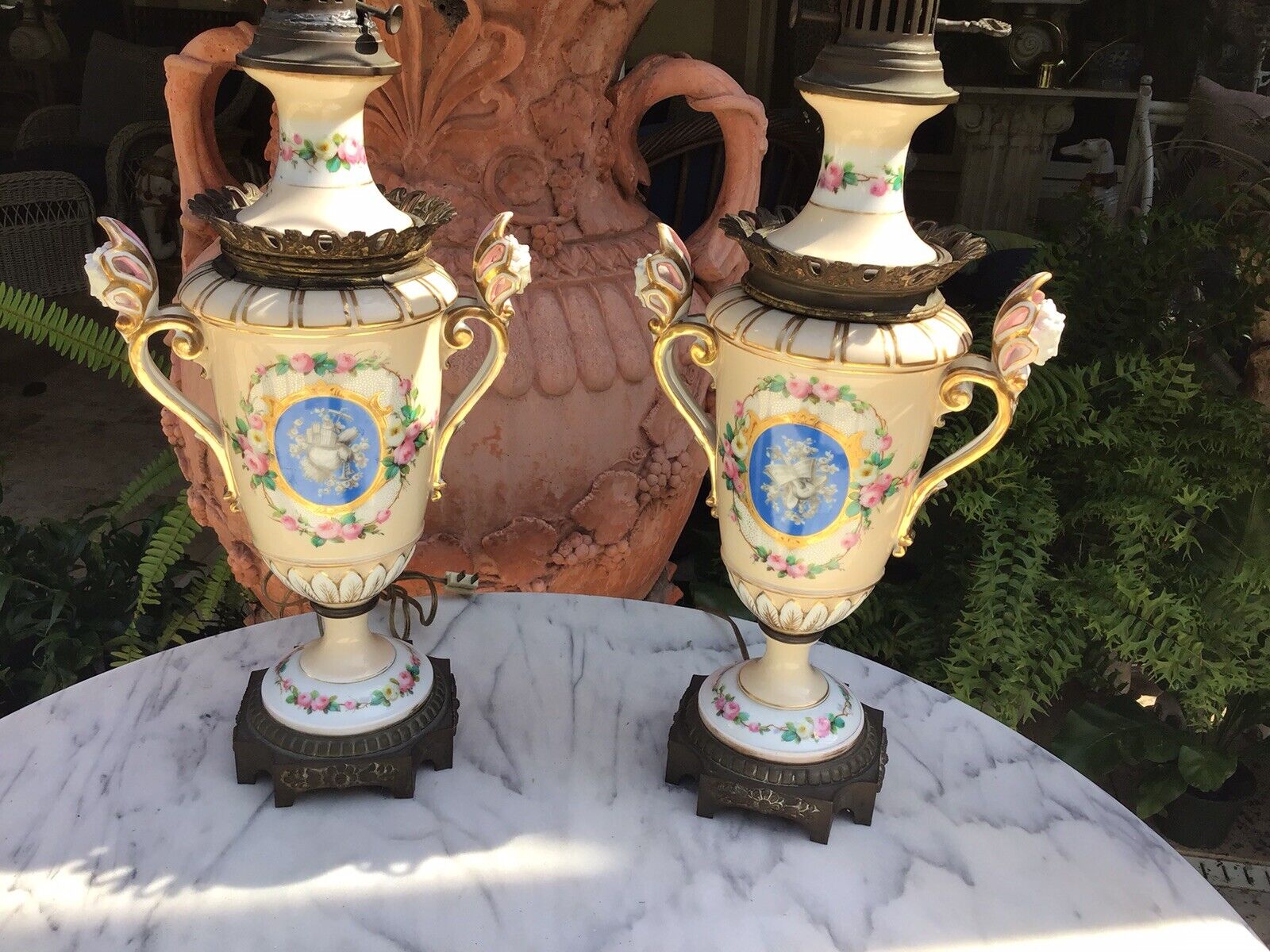 Pr. Antique 1800s Old Paris Porcelain French Hand Painted oil lamps now electric