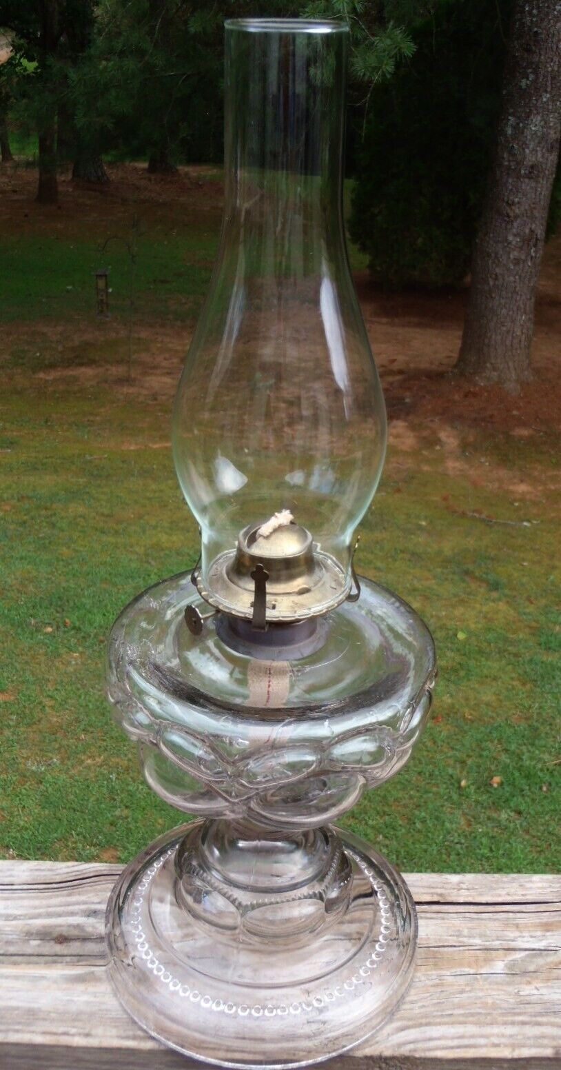 Antique Large PEANUT Pattern Glass Massive Sewing OIL LAMP W/Burner & Globe NR