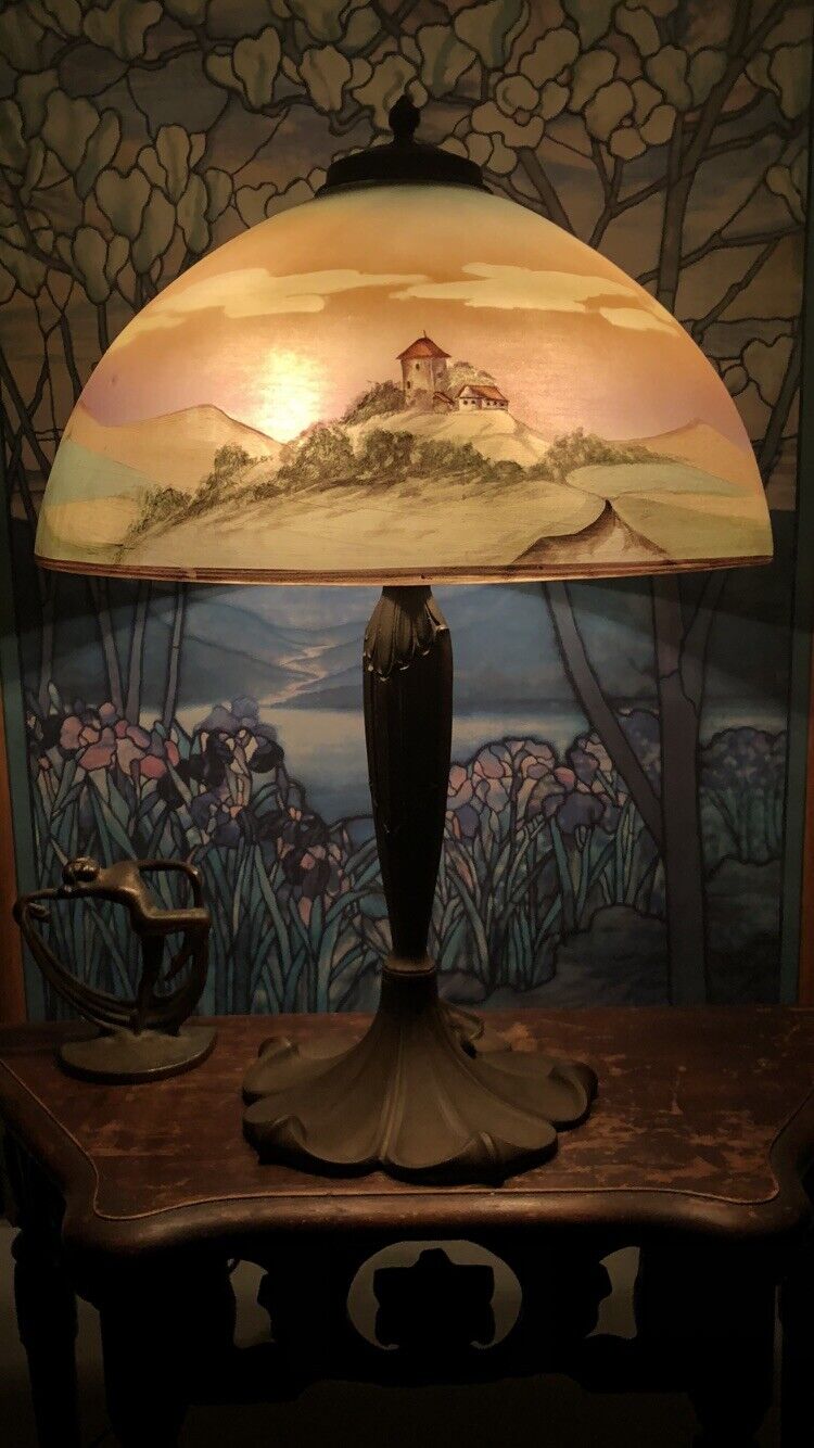 ANTIQUE PITTSBURGH REVERSE PAINTED GLASS LAMP ~ HANDEL JEFFERSON PAIRPOINT ERA