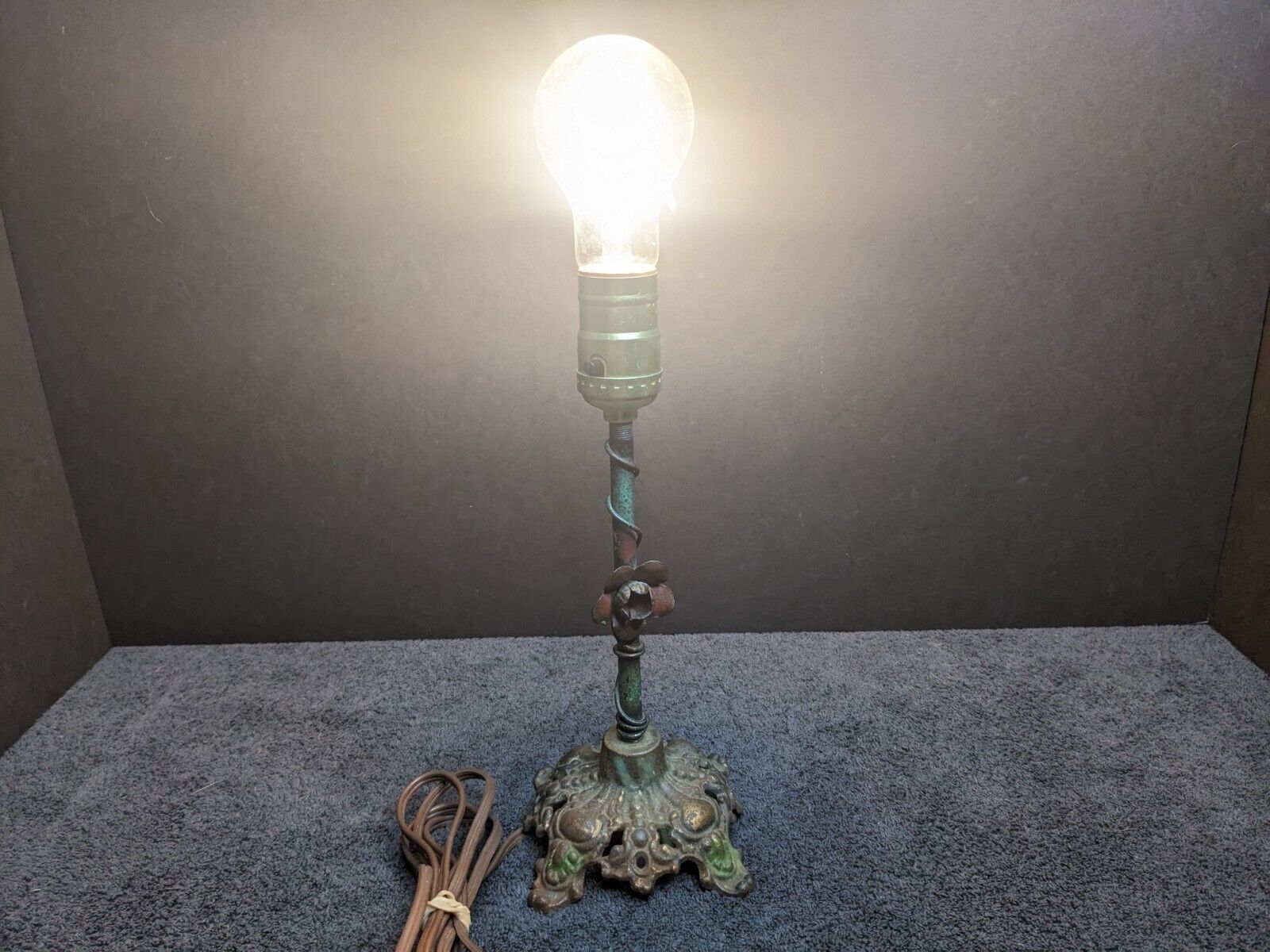 Early 1900's Antique Cast Iron Base Flower Boudoir Lamp 10.5" Tall - TESTED