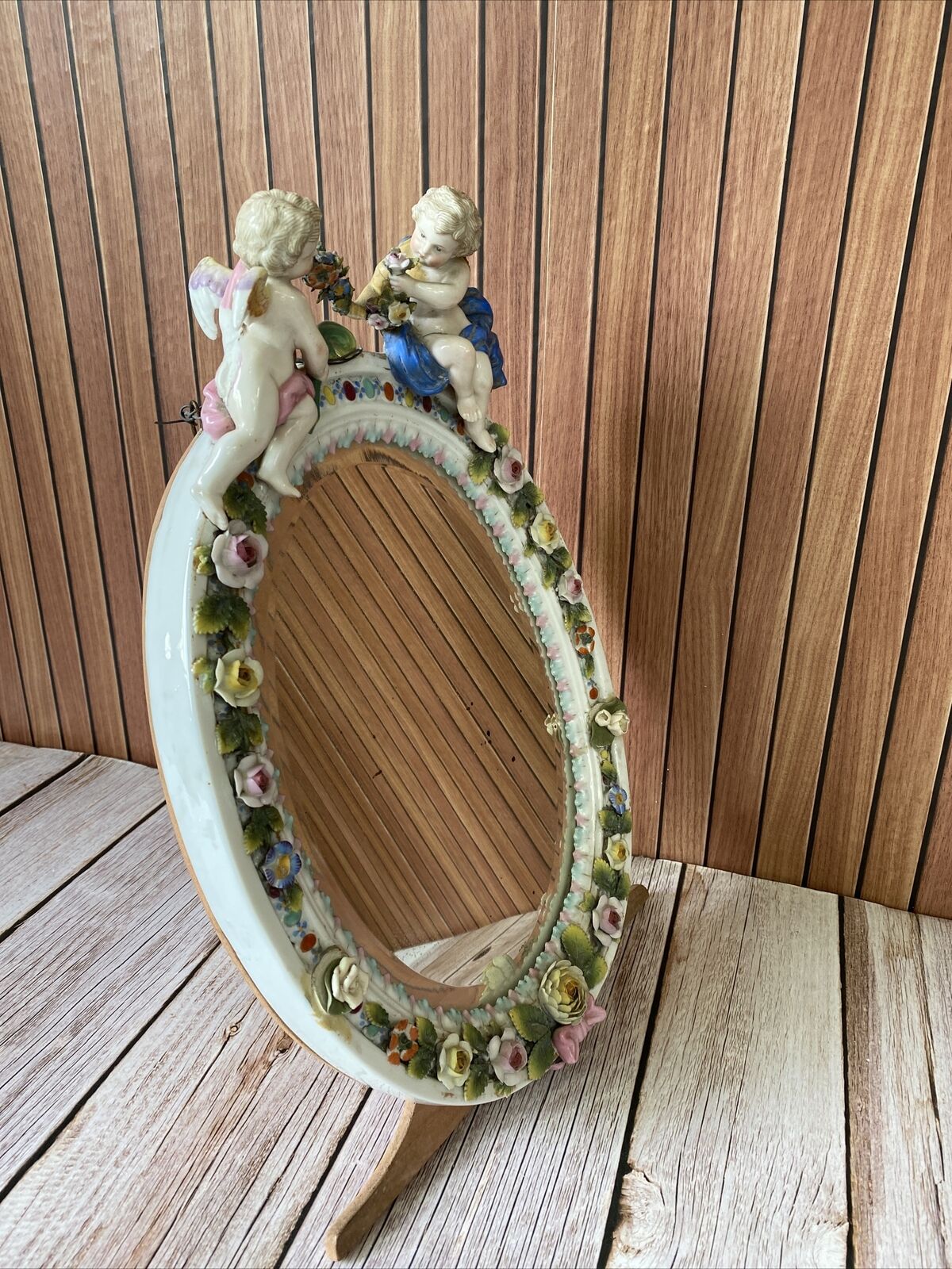 Antique 1700s Hand Painted Meissen Porcelain Cherub Figural Flowers Mirror
