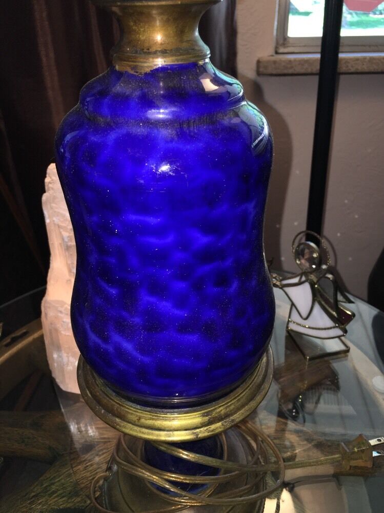 Antique Colonial Coral Blue O/Bronze  Electrified Whale Oil Prestige 1800's Lamp