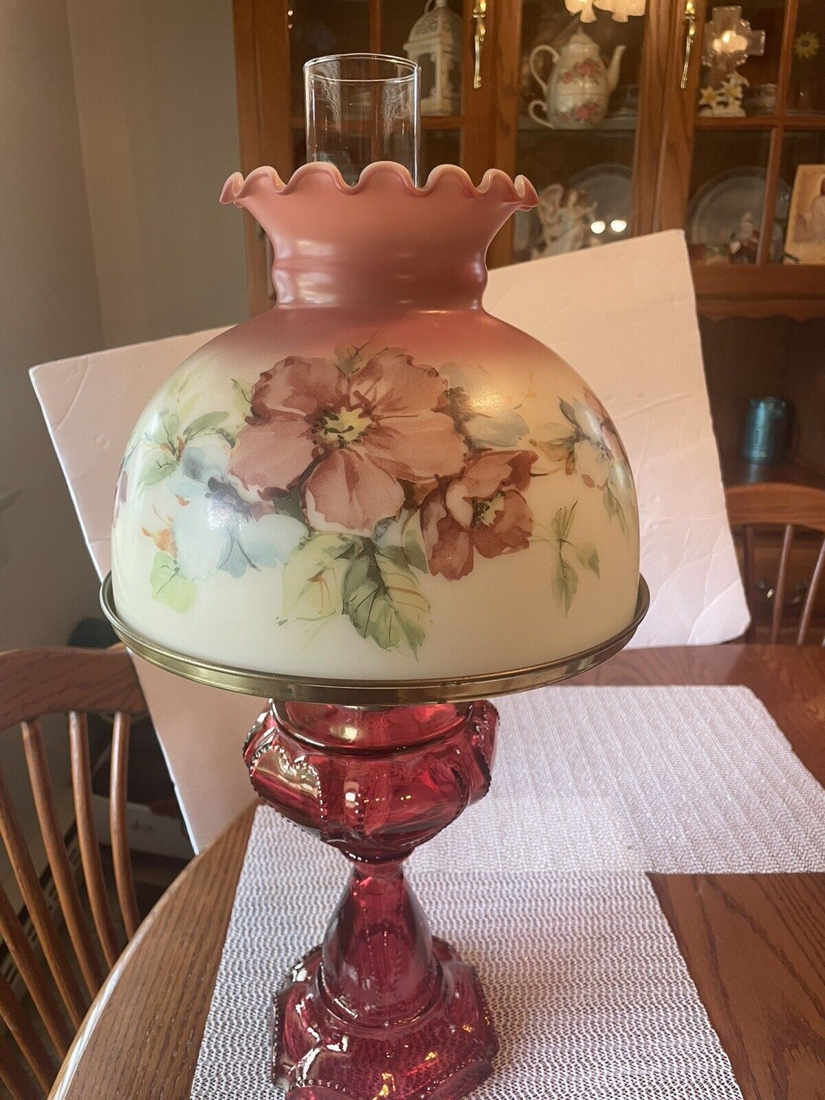 Vintage Gone With The Wind Style Hurricane Lamp Floral Table Lamp/Red Glass!
