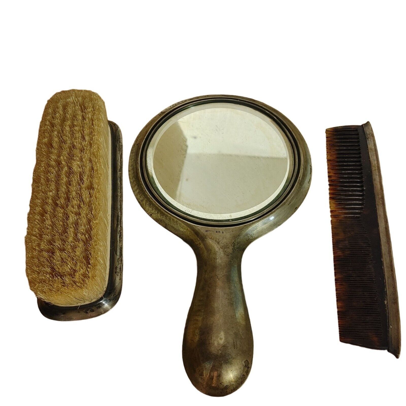 Lebolt Hammered 1900s Sterling Silver Vanity Set Mirror Comb Brush Grooming Stam