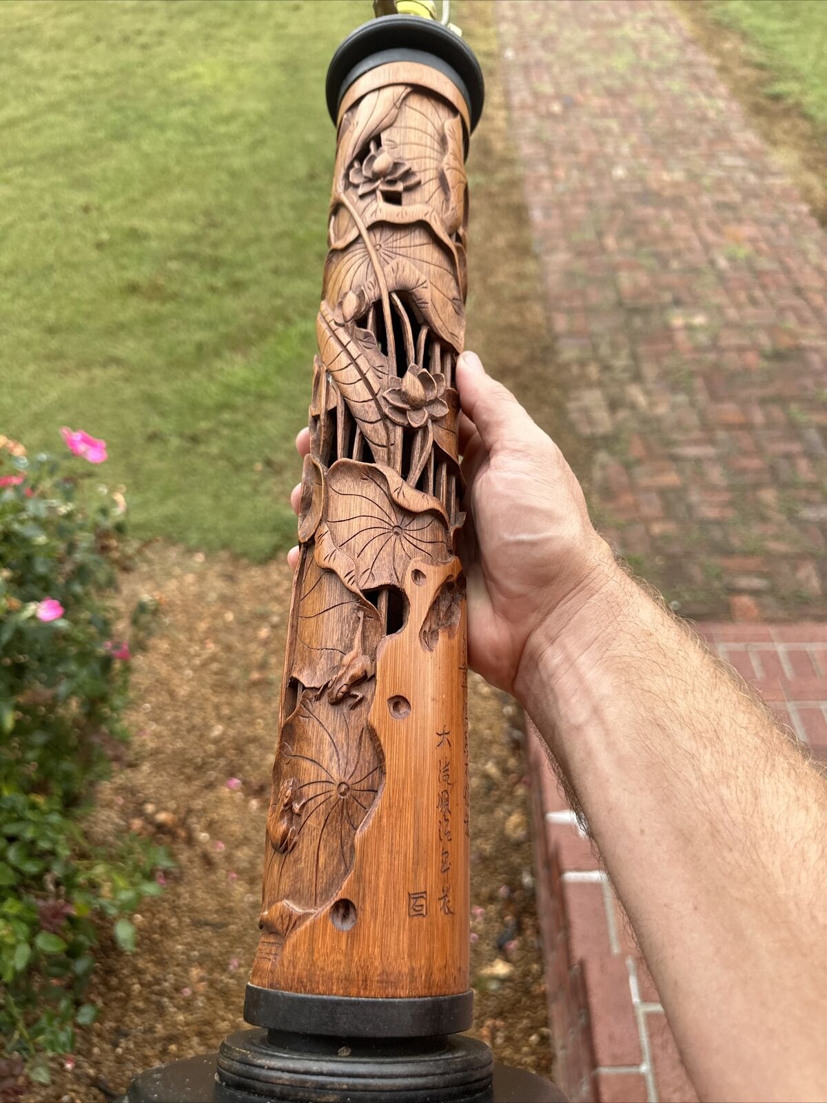 1900s Antique Chinese Incense Hand Carved bamboo Lotus Frog Asian Lamp Old HTF