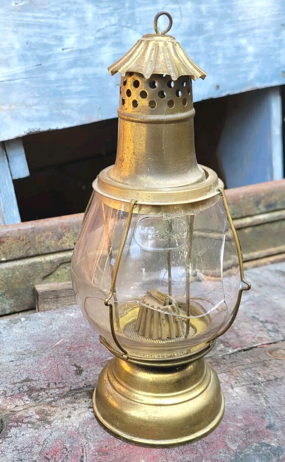 1870s HB&H Skaters Lantern Antique Brass Oil Lamp Holmes Booth & Haydens, as-is