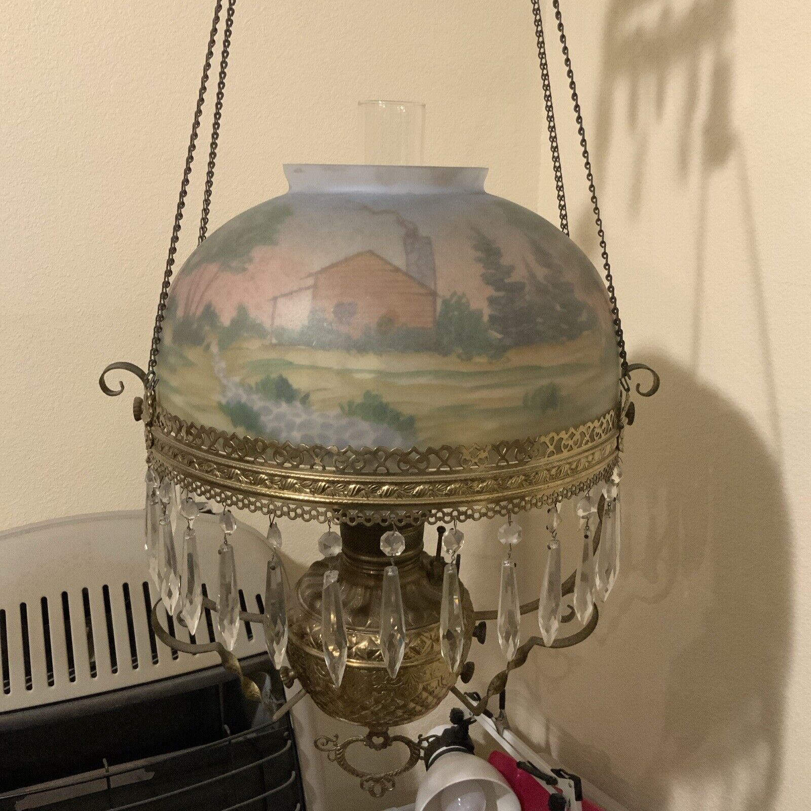 Antique Victorian Hanging Oil Parlor Library Lamp Reverse Hand Painted Shade