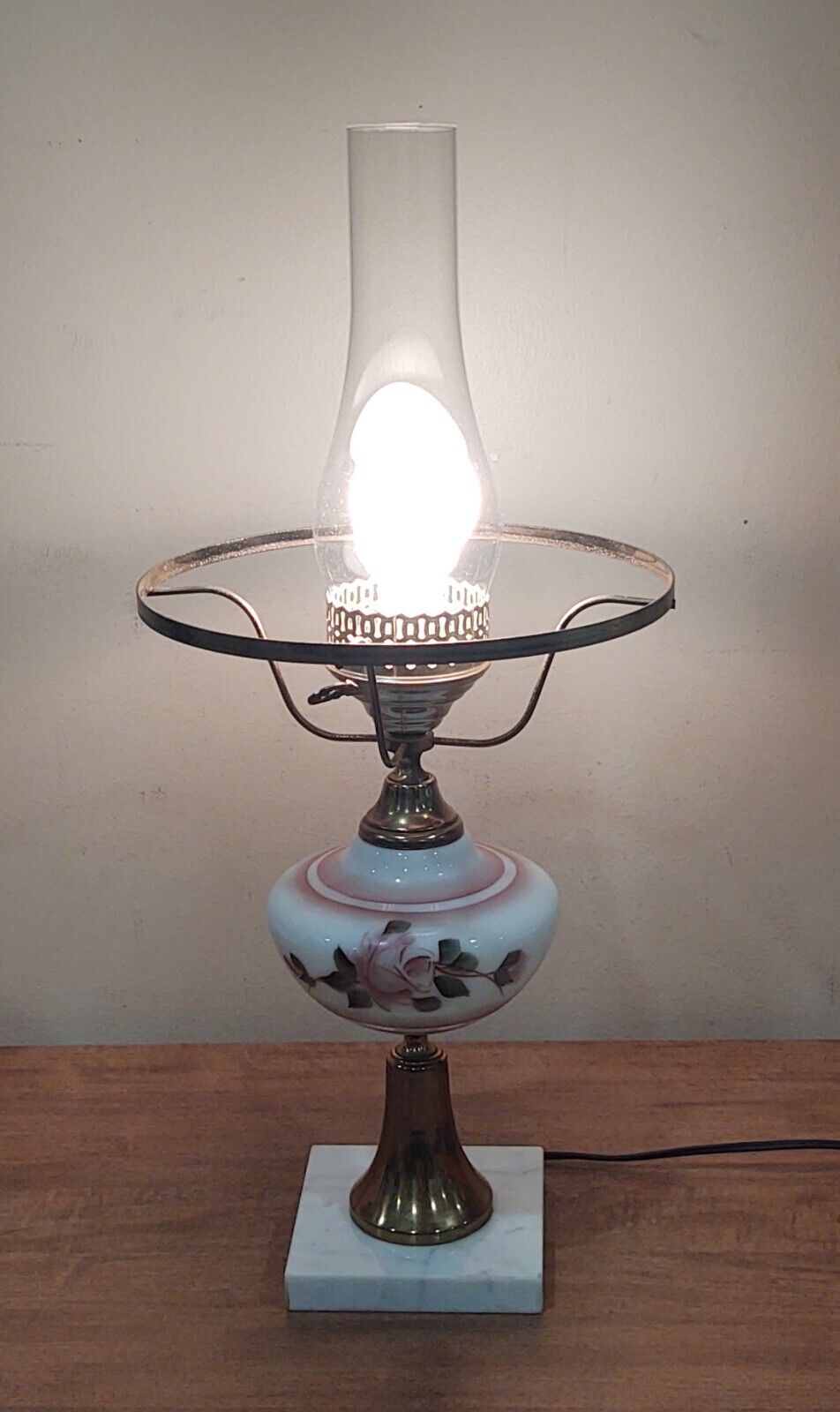 Victorian Parlor Lamp Hand Painted Pink Roses ~23"  Marble Brass GWTW Hurricane