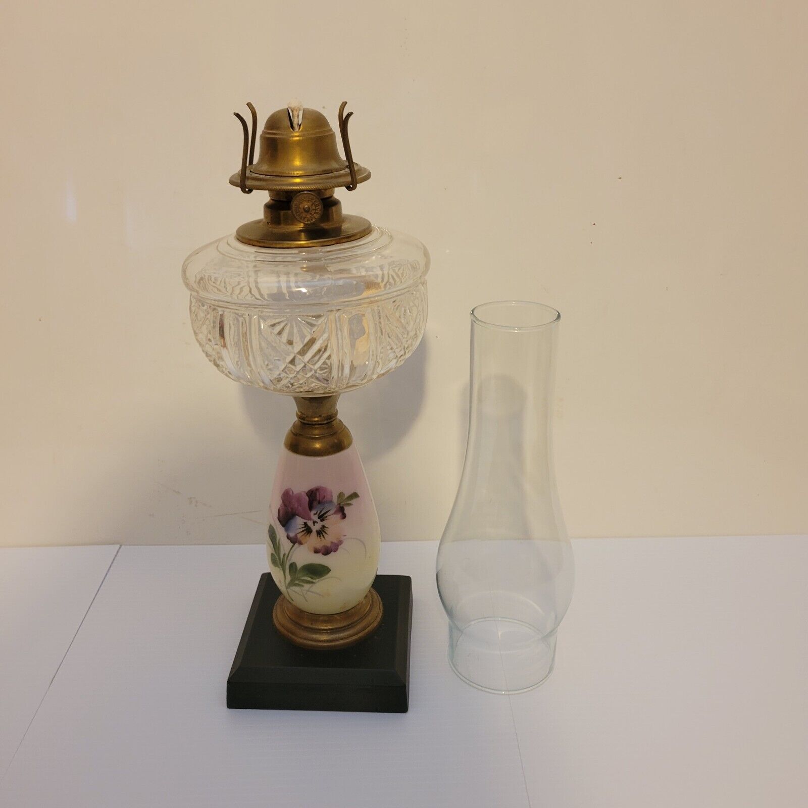 Antique Edward Miller & Co. Composite Oil Lamp Early 1900s Floral Wood Base 23"