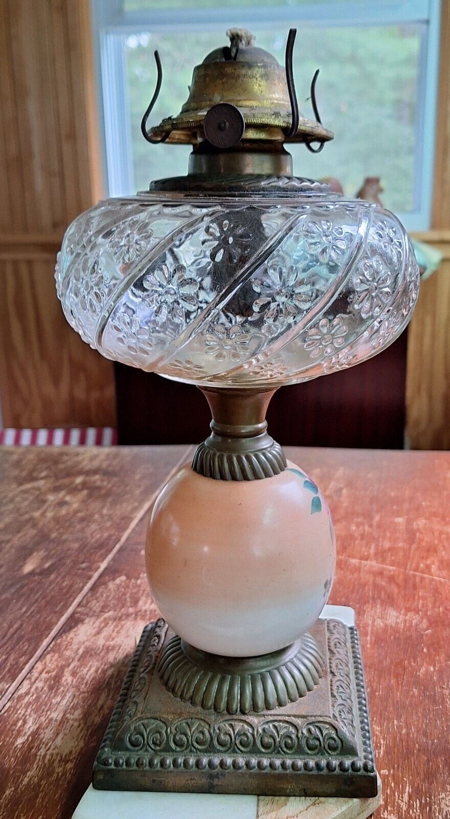 Antique Oil Lamp with hand painted Base, Patterned Glass Oil Font
