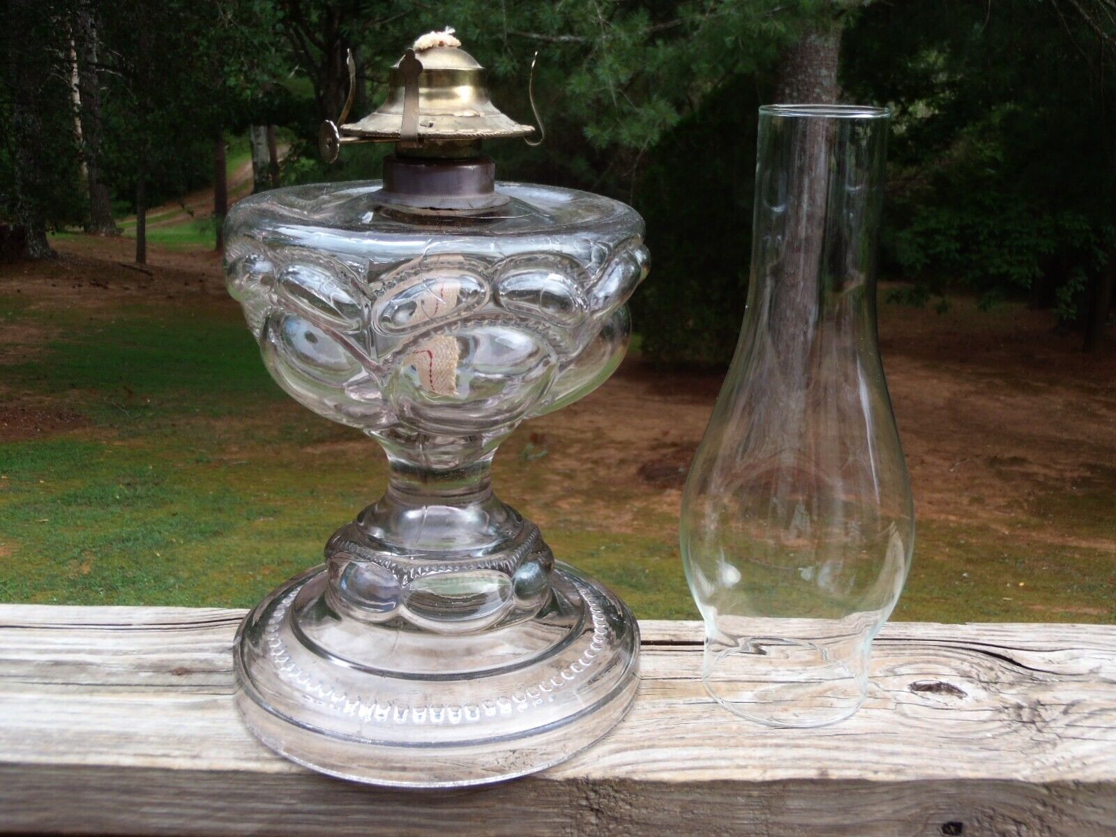 Antique Large PEANUT Pattern Glass Massive Sewing OIL LAMP W/Burner & Globe NR