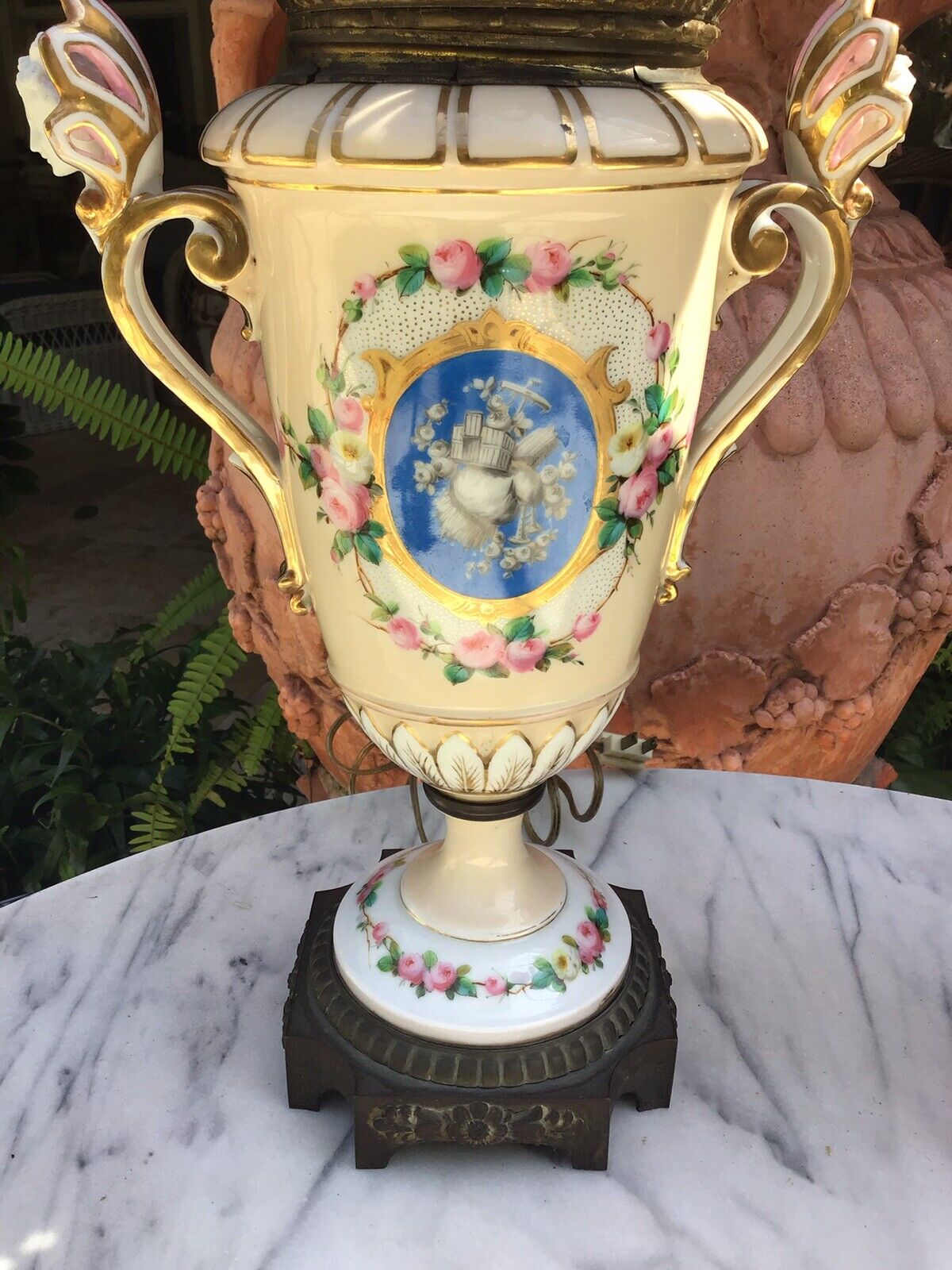 Pr. Antique 1800s Old Paris Porcelain French Hand Painted oil lamps now electric