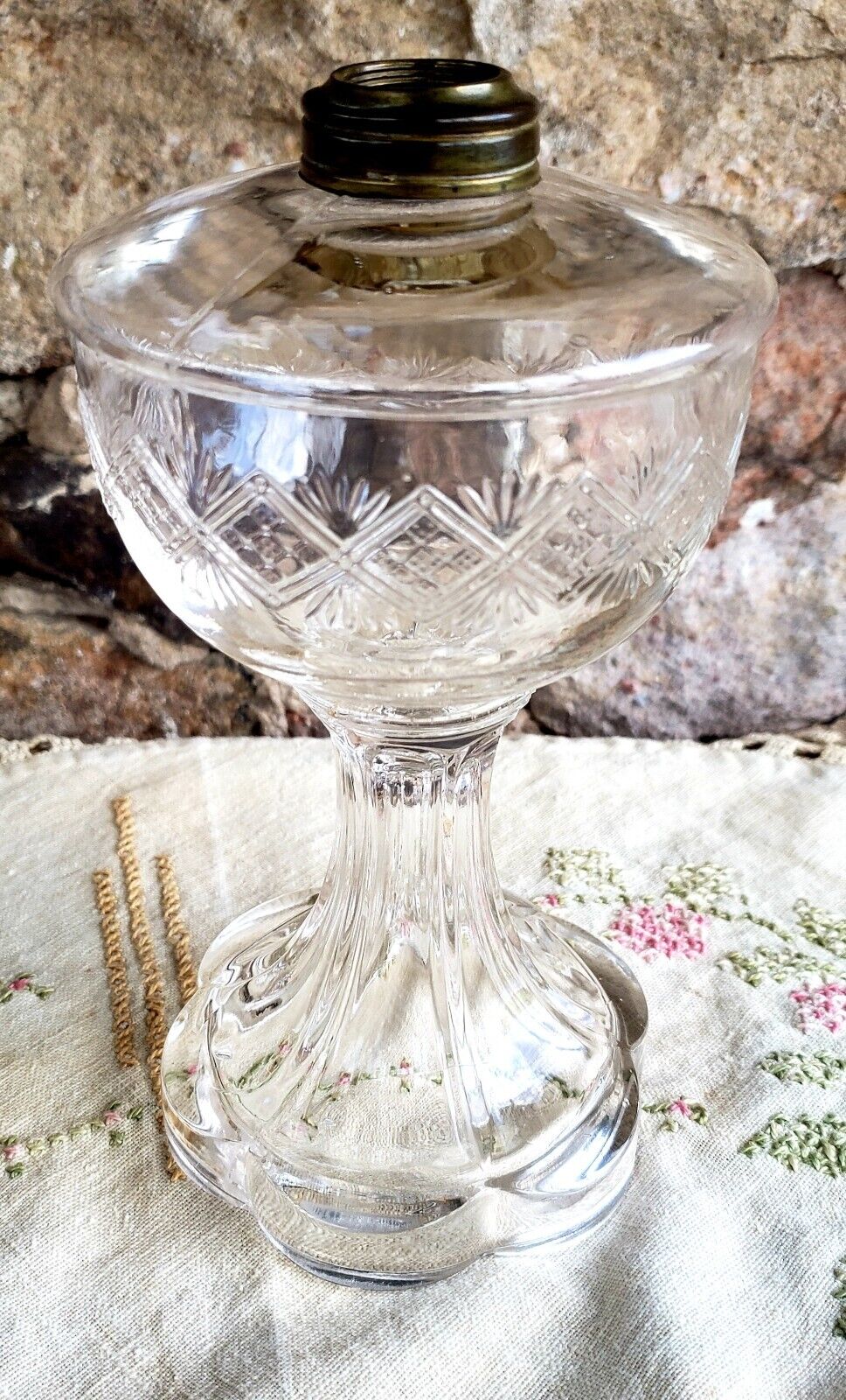 Diamond & Sunburst Oil Lamp EAPG Bryce, Walker & Co. c.1874 Clear Glass 8"H