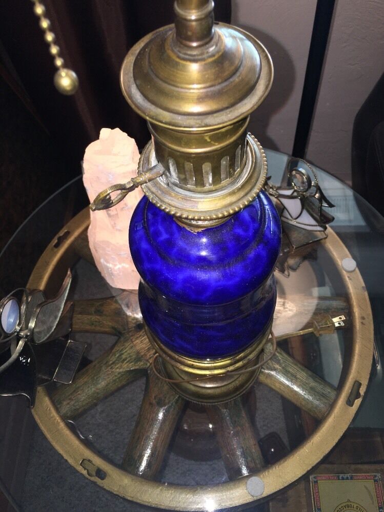 Antique Colonial Coral Blue O/Bronze  Electrified Whale Oil Prestige 1800's Lamp