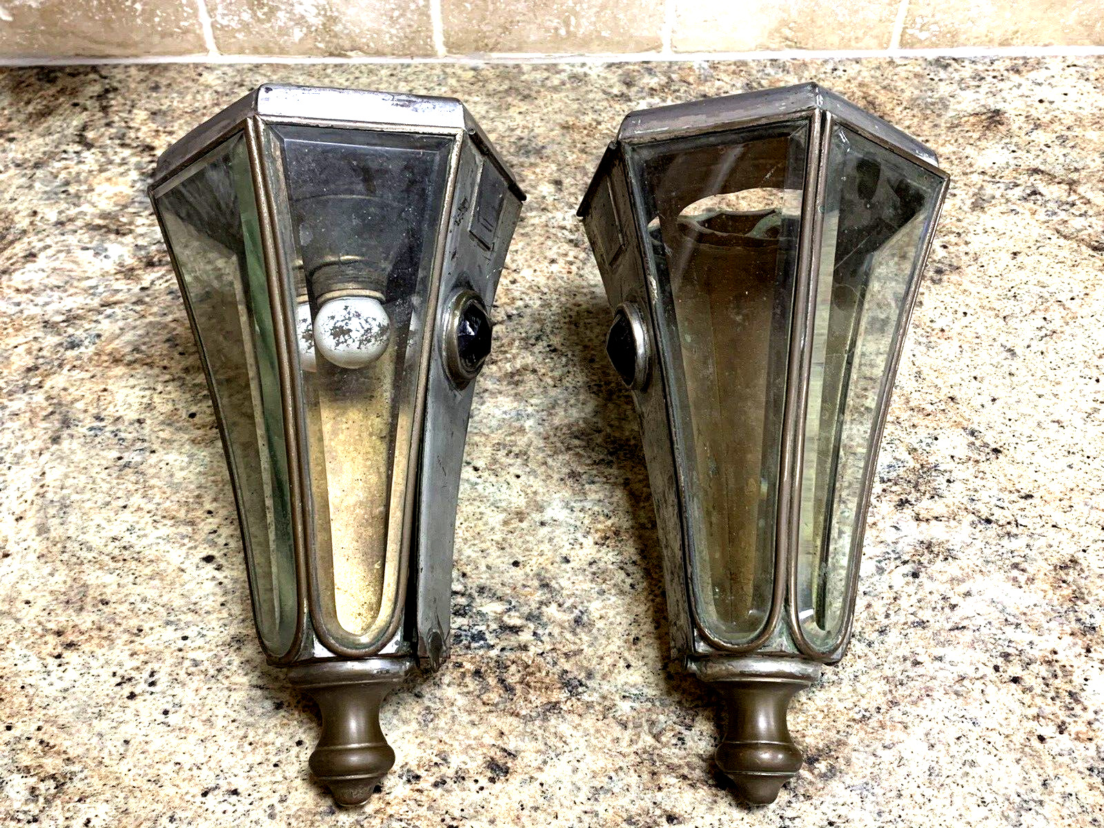 ANTIQUE 1900s PAIR AUTOMOBILE CAR COACH LIGHT LAMPS LANTERNS BEVELED GLASS  (15D