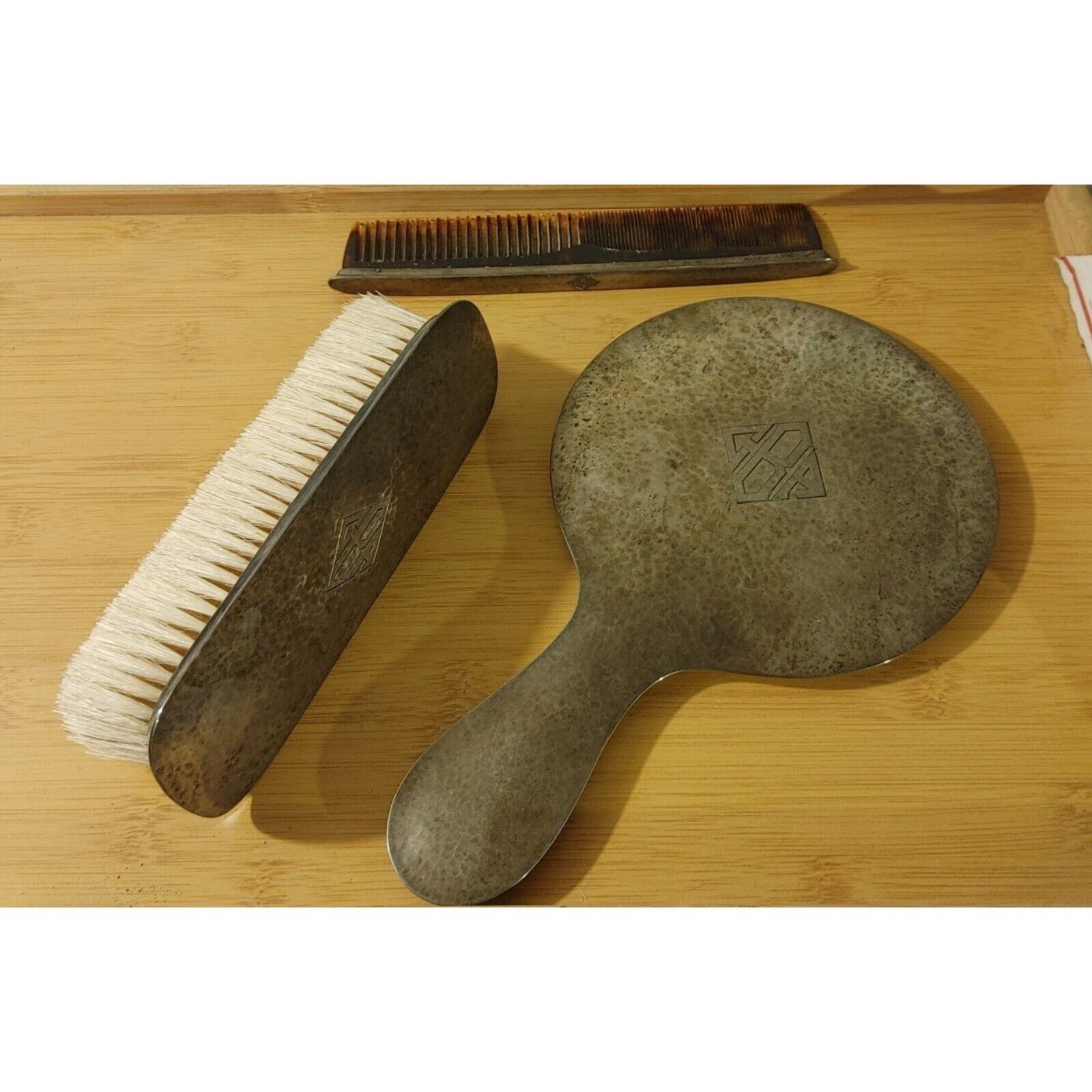 Lebolt Hammered 1900s Sterling Silver Vanity Set Mirror Comb Brush Grooming Stam