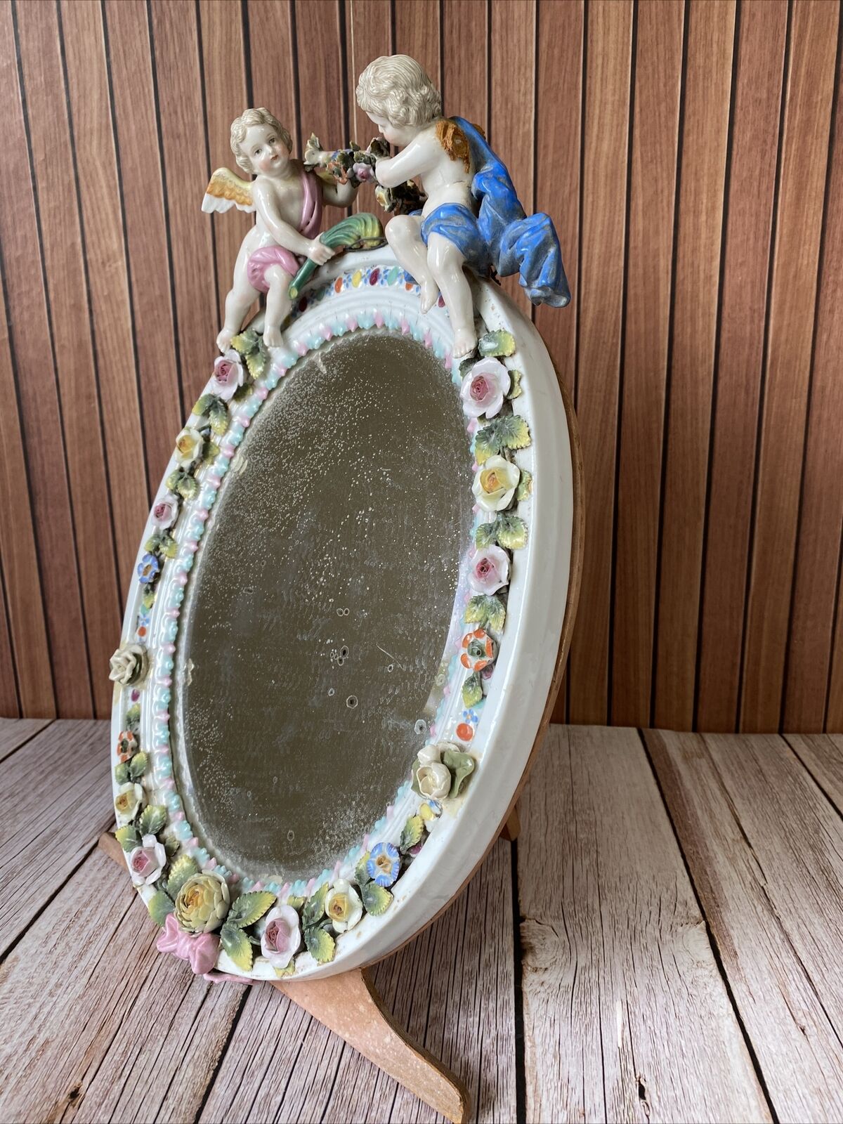 Antique 1700s Hand Painted Meissen Porcelain Cherub Figural Flowers Mirror