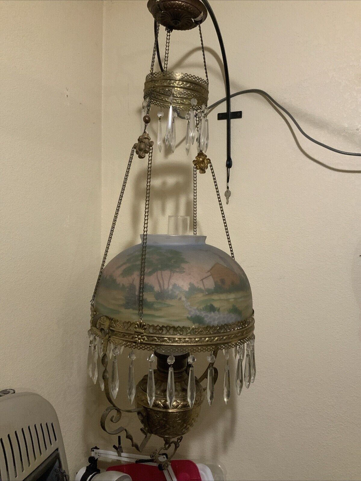 Antique Victorian Hanging Oil Parlor Library Lamp Reverse Hand Painted Shade