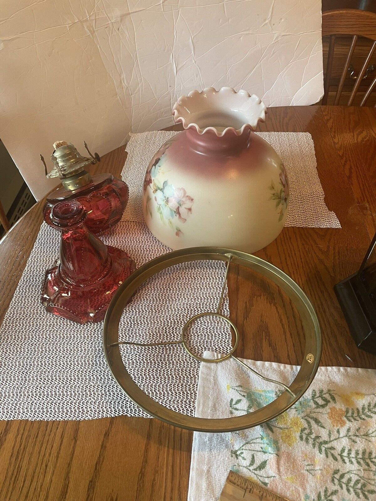 Vintage Gone With The Wind Style Hurricane Lamp Floral Table Lamp/Red Glass!