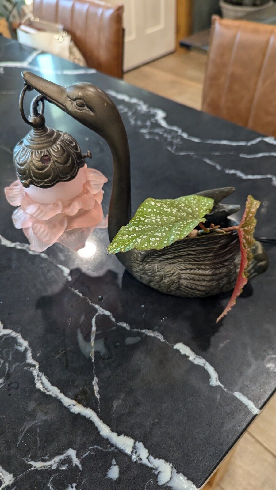 Art Nouvea Cast Iron Swan Planter Vase Table Lamp 9" Tall Art Deco Mid Century 