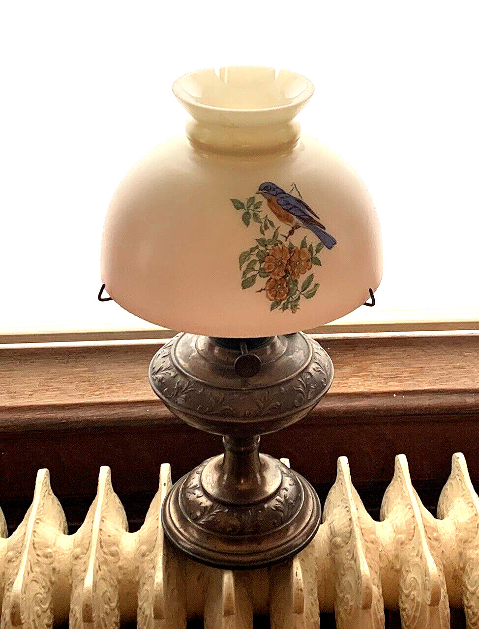 VINTAGE RARE 1800s LIBERTY 23" BRITISH COPPER OIL LAMP W/ BLUE BIRD SHADE (SH)