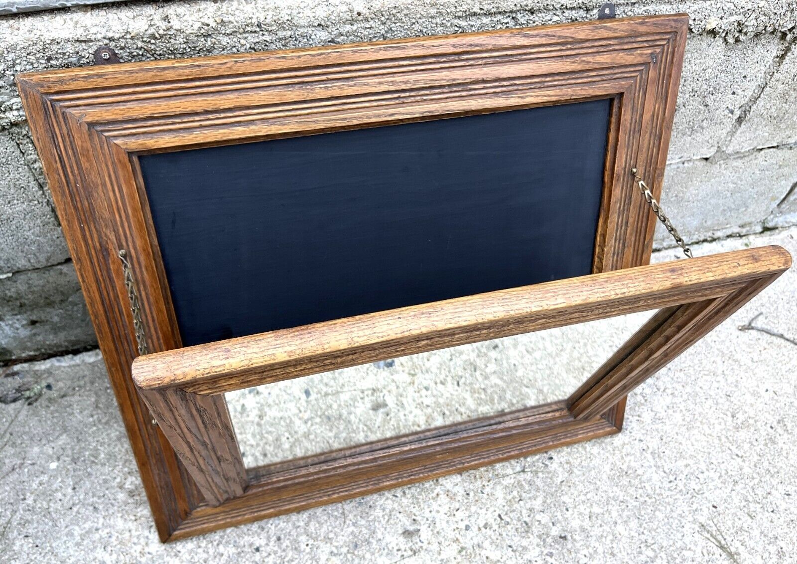 Antique 1800s Victorian Wall Tilt Mirror & Chalkboard Frame Magazine Holder Wood