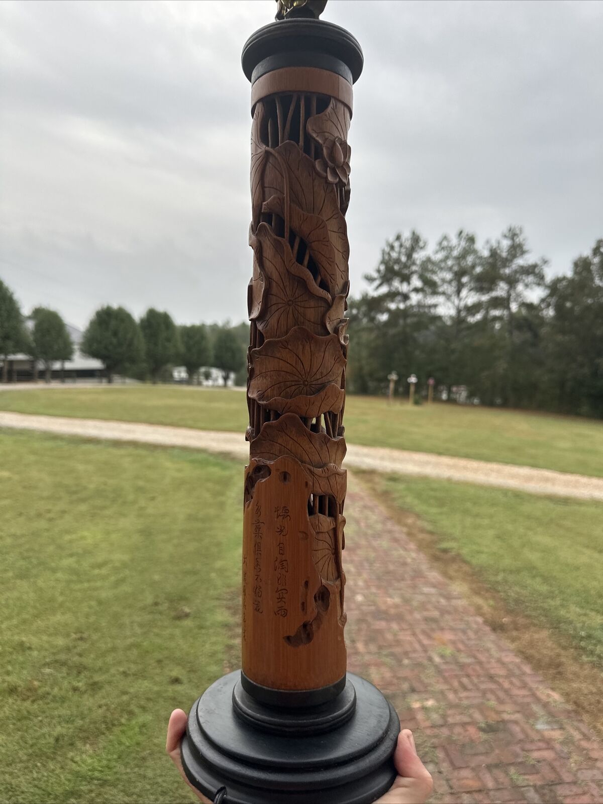 1900s Antique Chinese Incense Hand Carved bamboo Lotus Frog Asian Lamp Old HTF