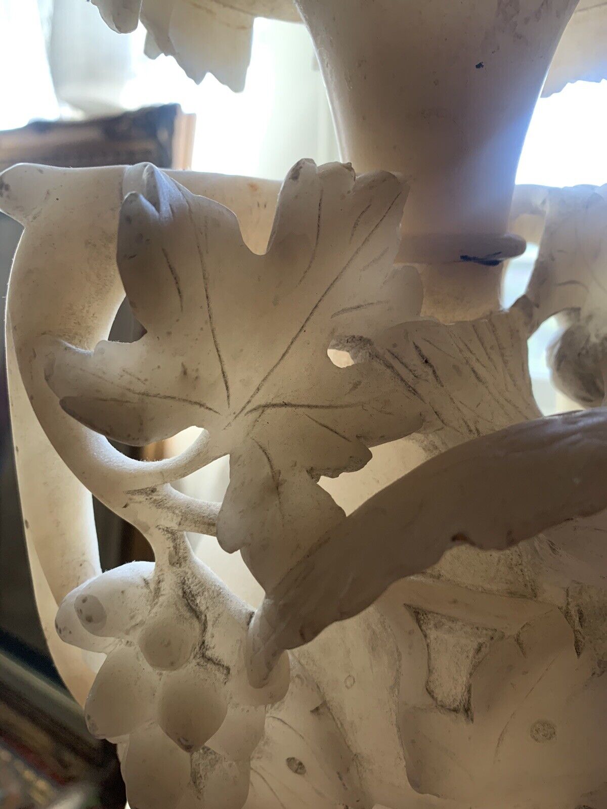 late 1800’s ALABASTER PEDISTAL Italian Hand-carved Grape Vine/Dove Motif  -LAMP