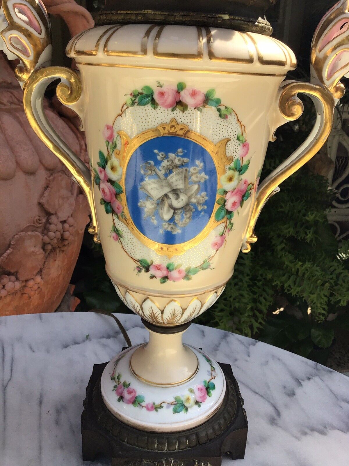 Pr. Antique 1800s Old Paris Porcelain French Hand Painted oil lamps now electric