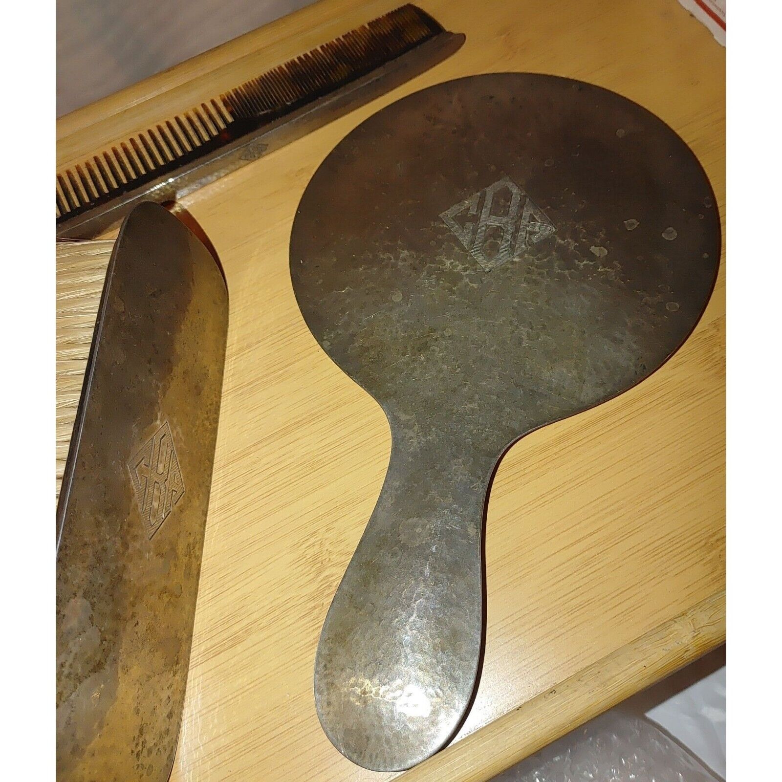 Lebolt Hammered 1900s Sterling Silver Vanity Set Mirror Comb Brush Grooming Stam
