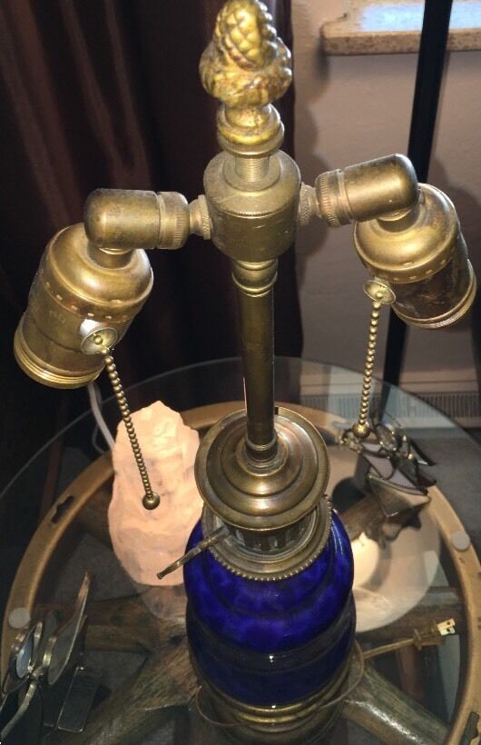 Antique Colonial Coral Blue O/Bronze  Electrified Whale Oil Prestige 1800's Lamp
