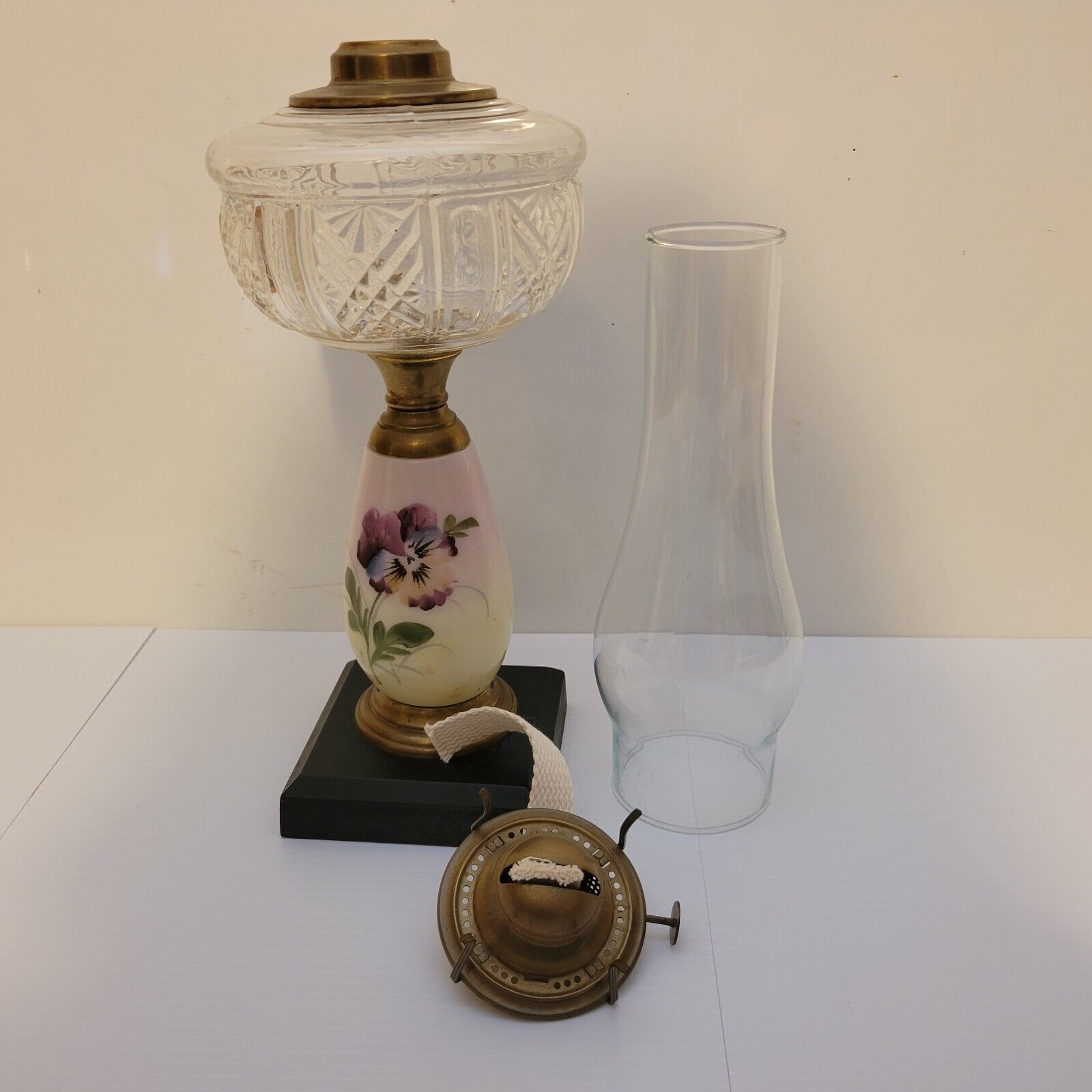 Antique Edward Miller & Co. Composite Oil Lamp Early 1900s Floral Wood Base 23"