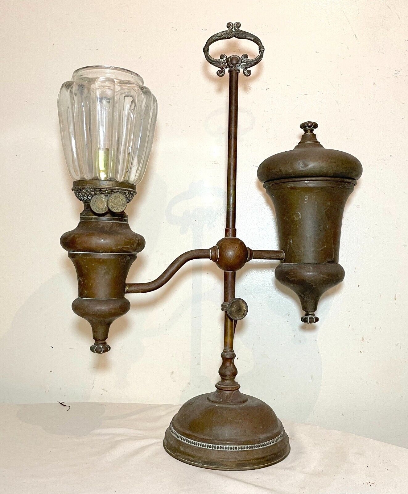Antique 1800's Manhattan brass co. large ornate electrified oil student lamp