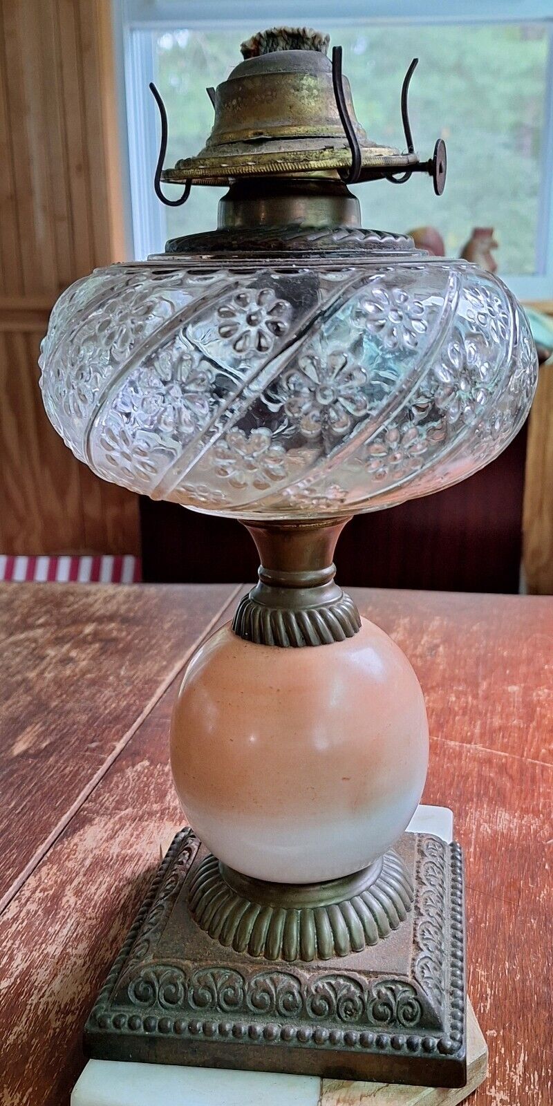 Antique Oil Lamp with hand painted Base, Patterned Glass Oil Font