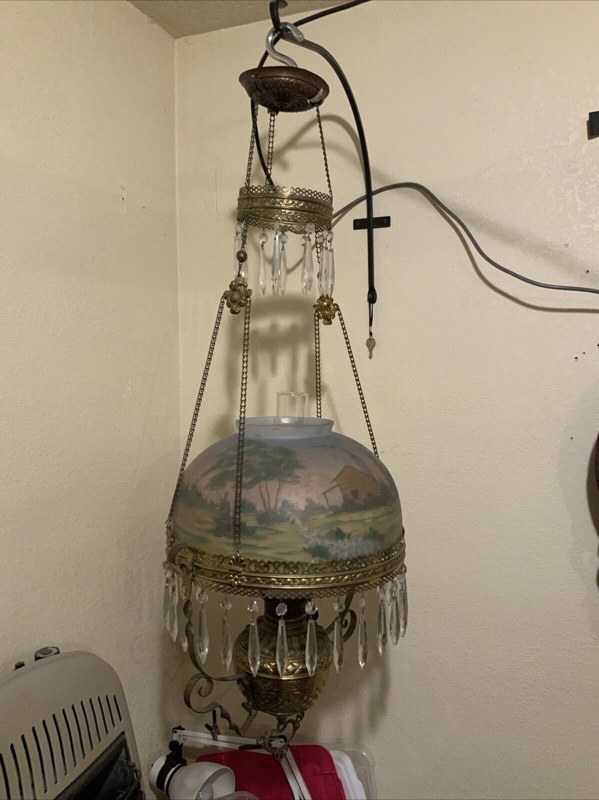 Antique Victorian Hanging Oil Parlor Library Lamp Reverse Hand Painted Shade