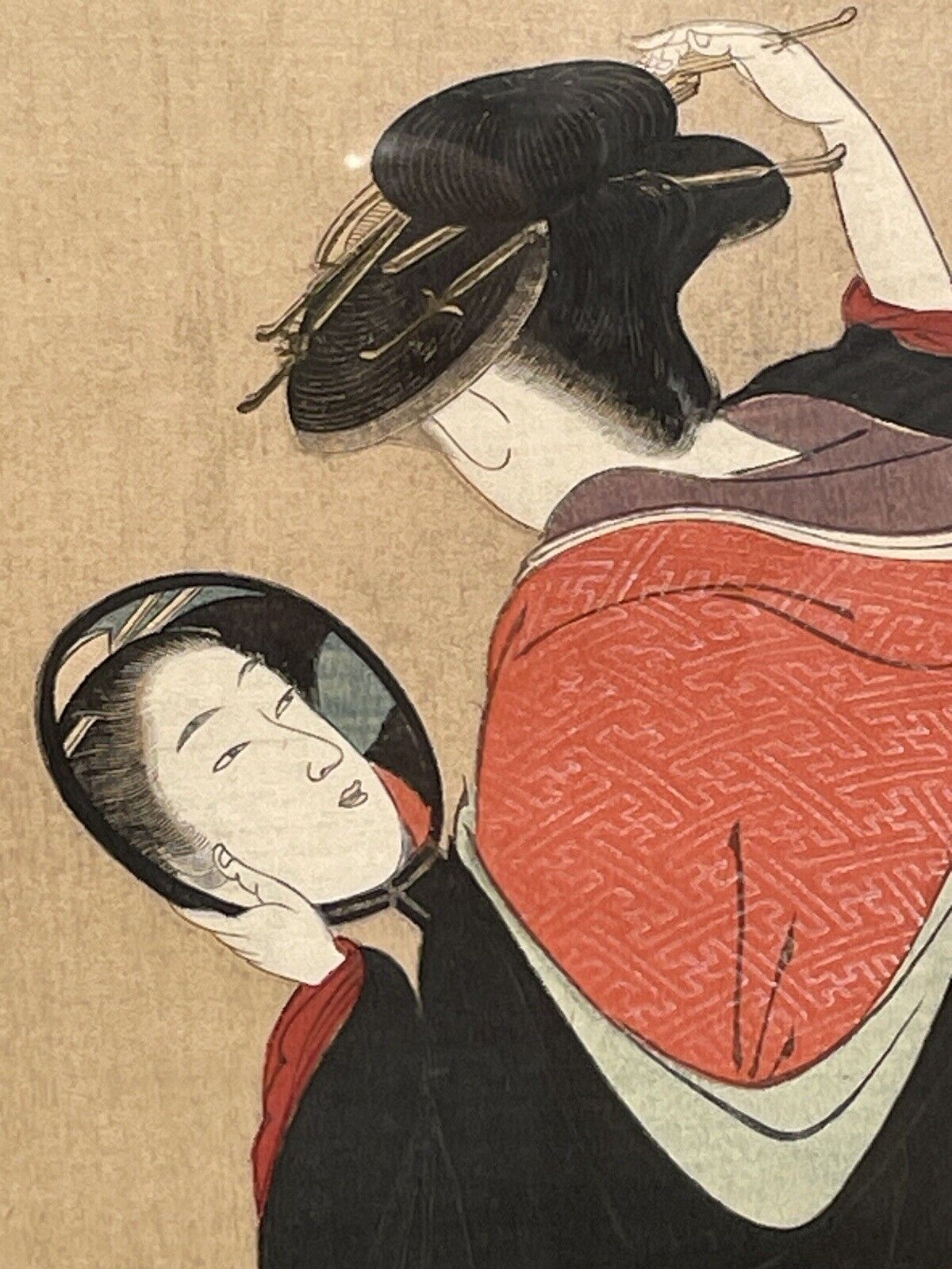 Rare Antique Woodblock Ukiyo-e Japanese Beauty Woman in Kimono Holding Mirror