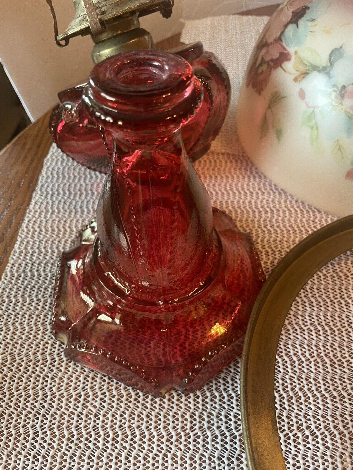Vintage Gone With The Wind Style Hurricane Lamp Floral Table Lamp/Red Glass!