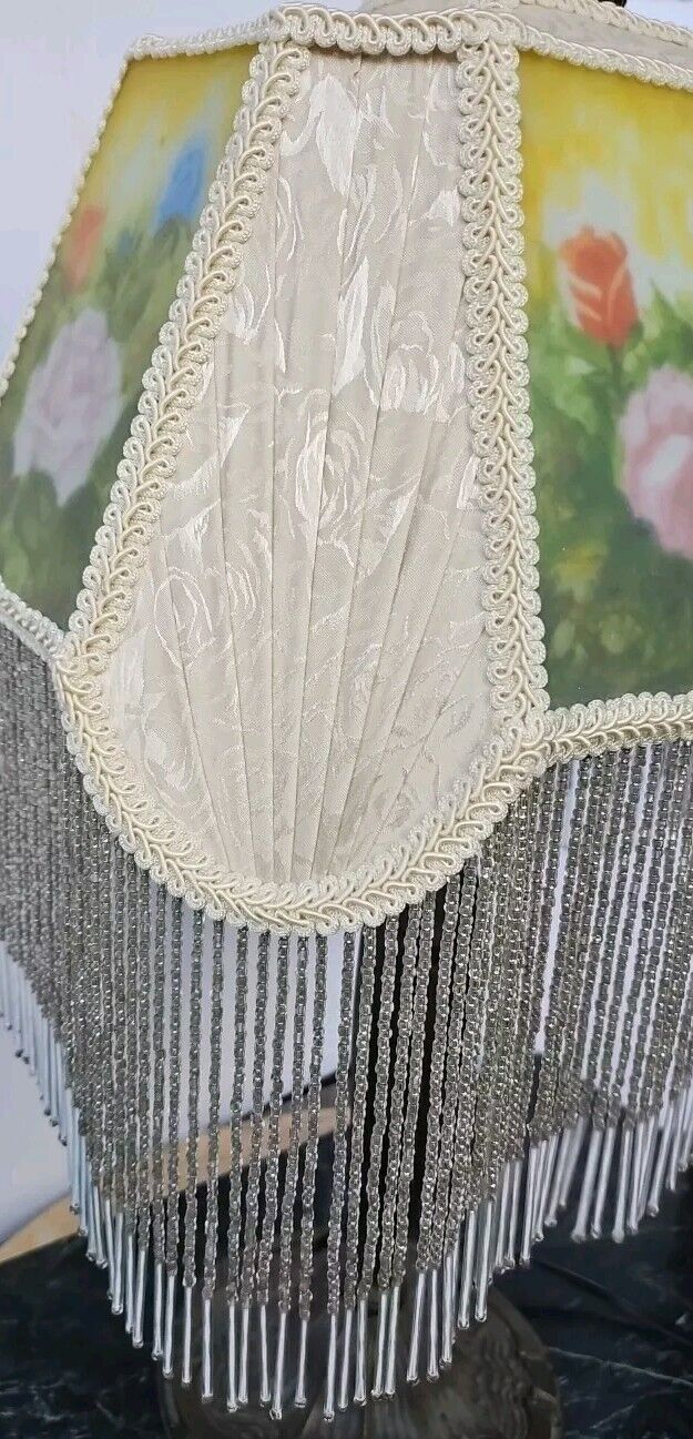 Meyda Tiffany Reverse Paint Roses Table Lamp Beaded Fringe Victorian   24x15x11