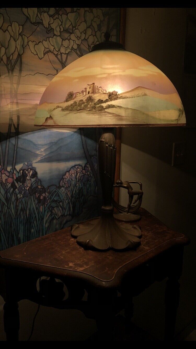 ANTIQUE PITTSBURGH REVERSE PAINTED GLASS LAMP ~ HANDEL JEFFERSON PAIRPOINT ERA