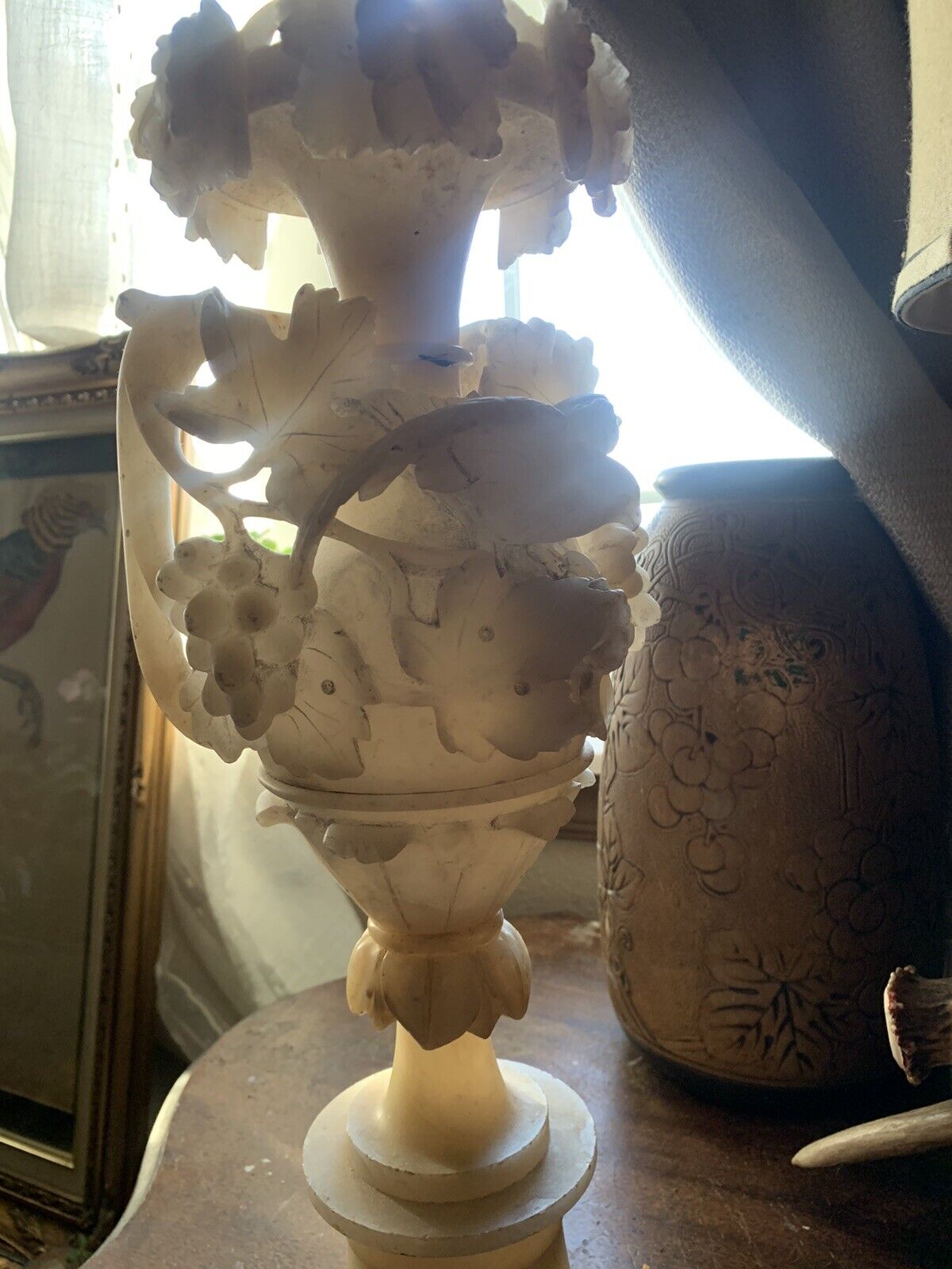 late 1800’s ALABASTER PEDISTAL Italian Hand-carved Grape Vine/Dove Motif  -LAMP